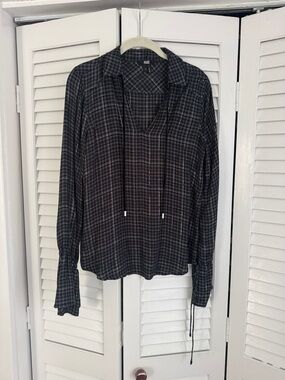 PAIGE Black Plaid V-Neck Tie Blouse